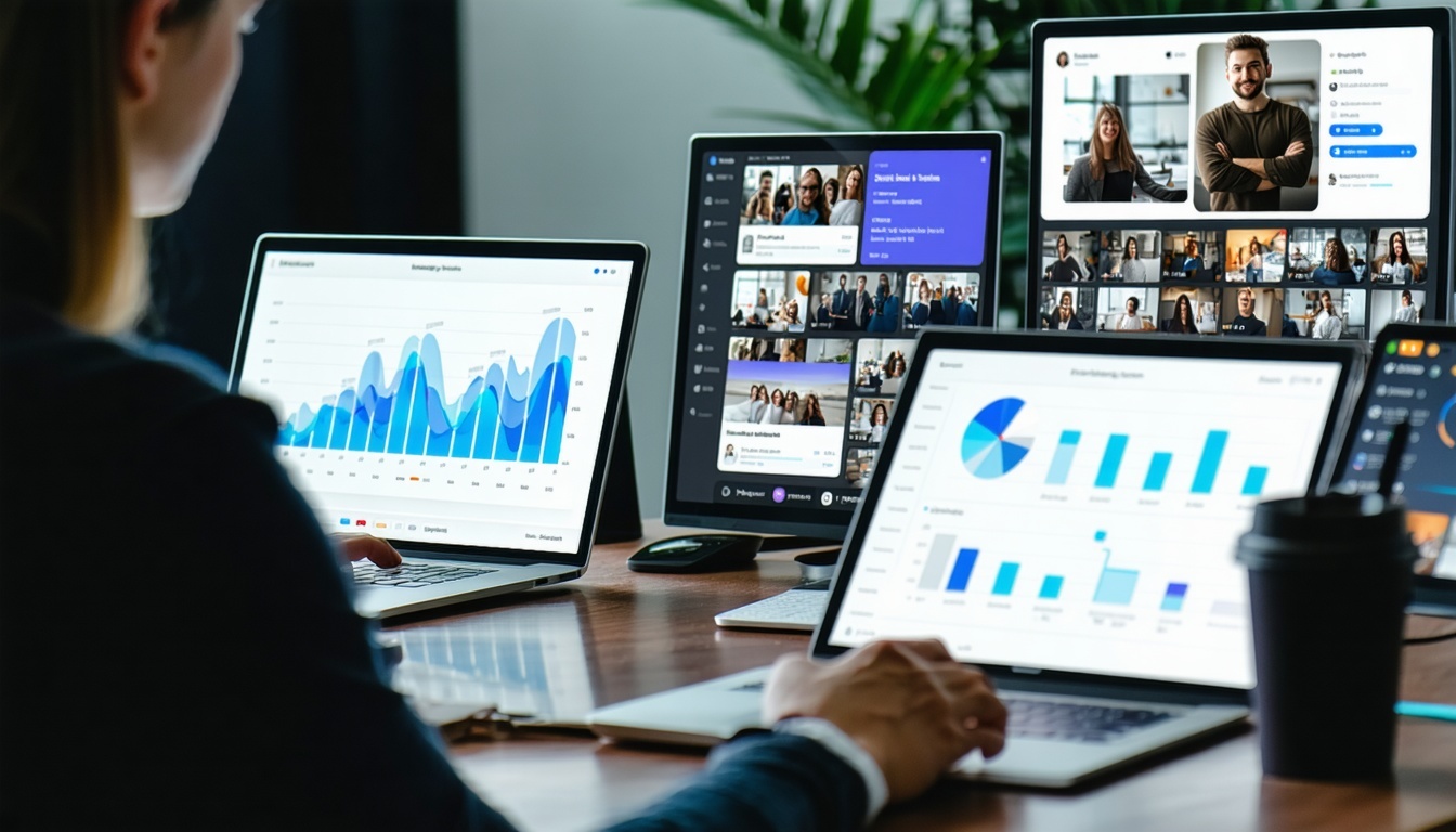 Social media manager analyzing engagement metrics on multiple devices.
