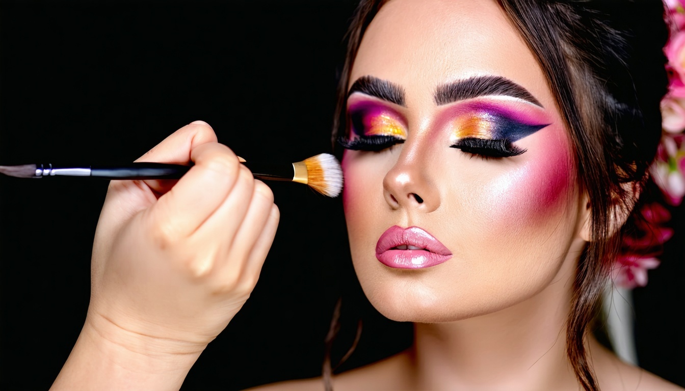 A makeup artist applying stunning, vibrant makeup on a model.